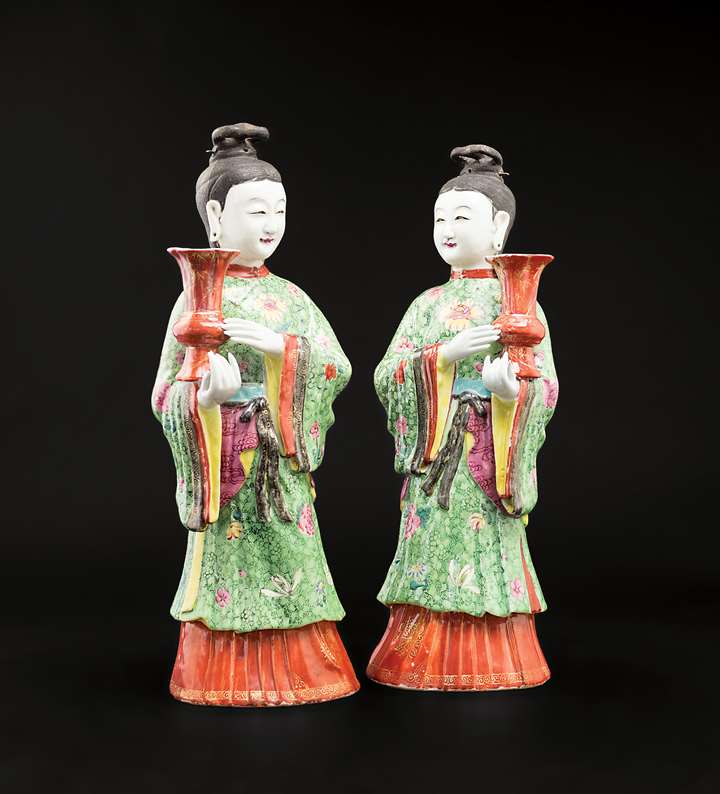 Pair of chinese export porcelain famille rose maiden candlesticks